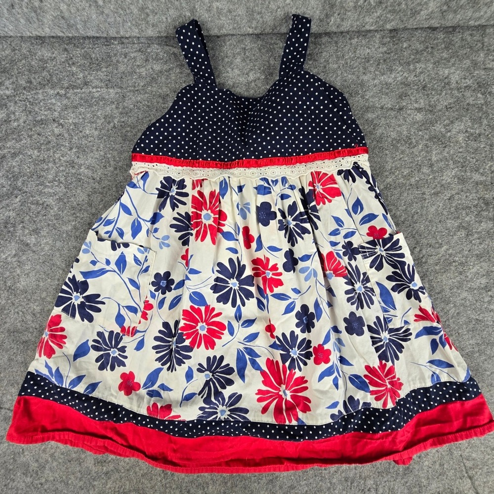 Zoey Girl Sundress Girls Size 6 Navy Blue Red White Floral‎ Polka Dot Tie Back